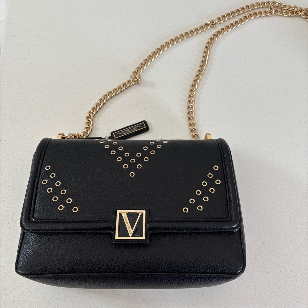 Victoria Secret Black and Gold Crossbody Bag with Chain Strap